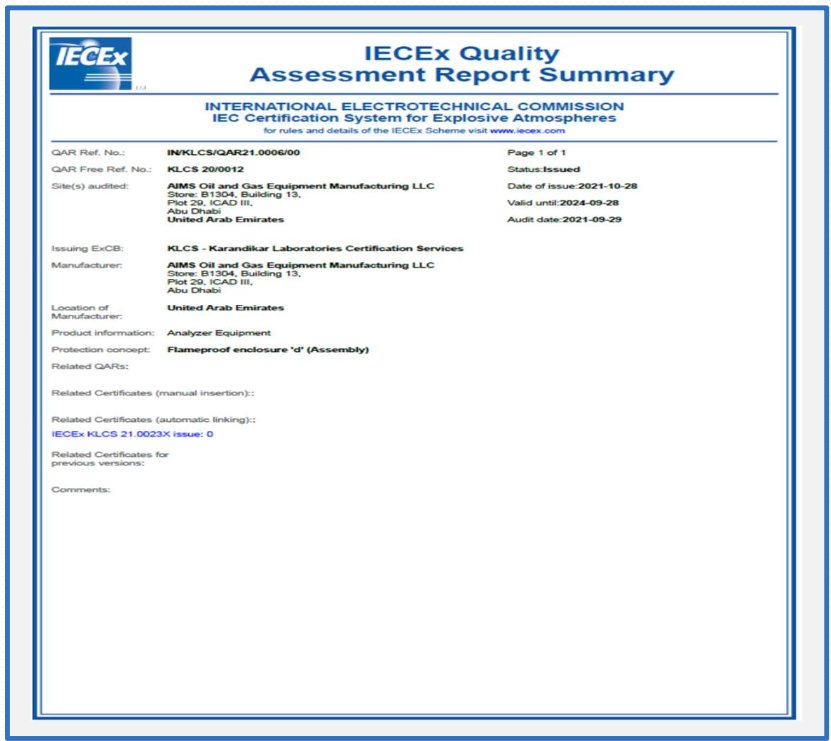 IECEx Quality Assessment Report summary issued to AIMS Oil and Gas Equipment Manufacturing LLC