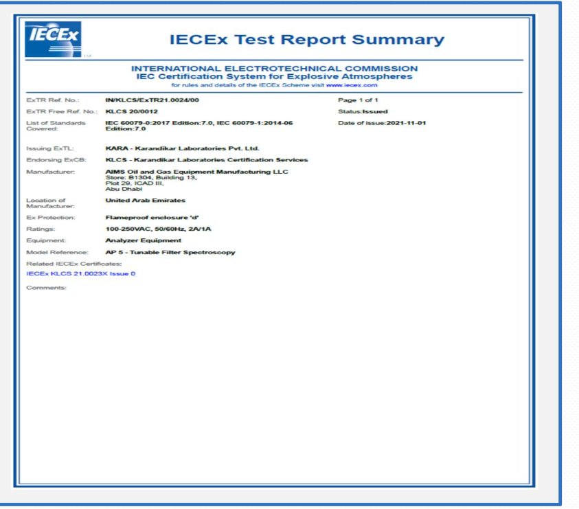 IECEx Test Report summary issued to AIMS Oil and Gas Equipment Manufacturing LLC