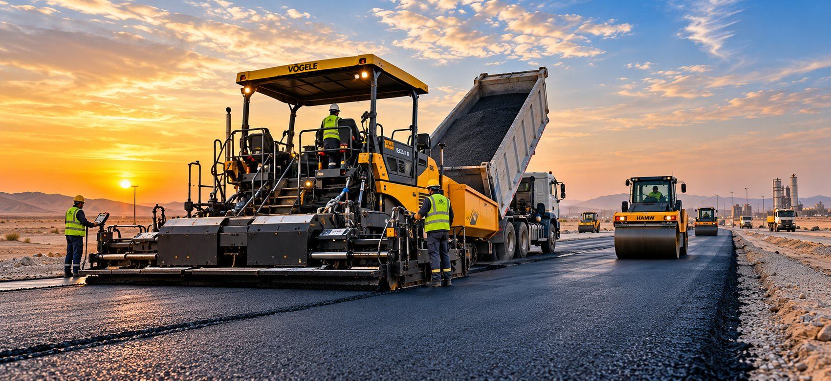 Asphalt paver and rollers laying a new carriageway
