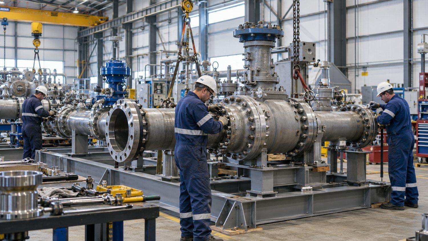 Fabrication crew assembling a skid-mounted piping package